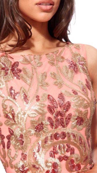 Designer gown 10719 coral sequined maxi dress. Size 6.