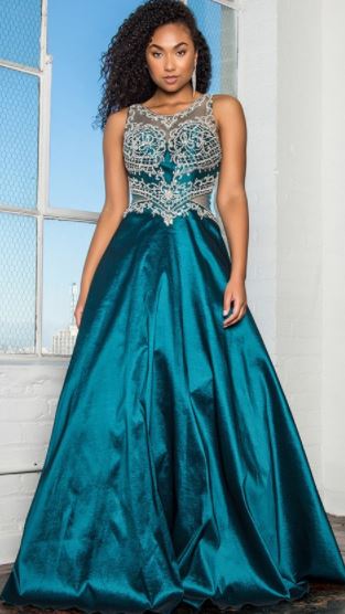 10771 Beautiful teal taffeta full length gown with beaded bodice. size 8
