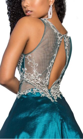 10771 Beautiful teal taffeta full length gown with beaded bodice. size 8