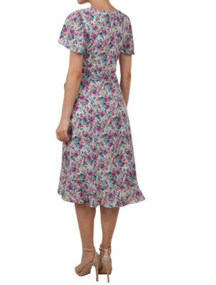 10865 white/purple floral. V neck. A line. Short sleeves