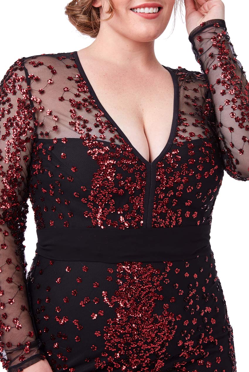 10908 Burgundy and black sequined long sleeved semi fitted size 16.