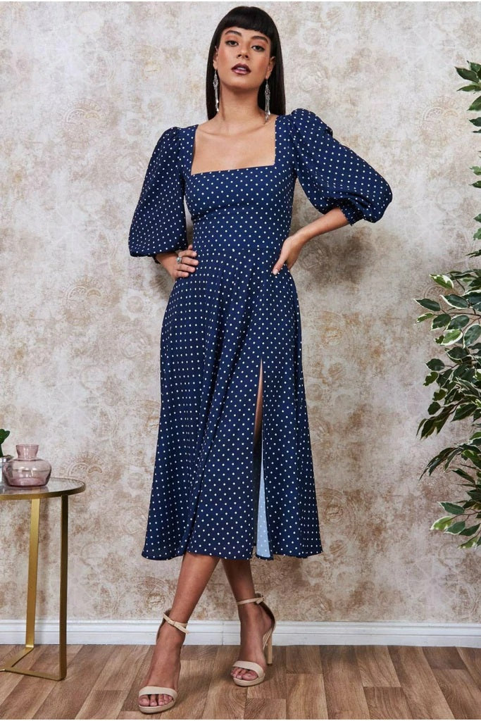 10923 navy polka dot, puffed sleeve formal midi event dress size16.