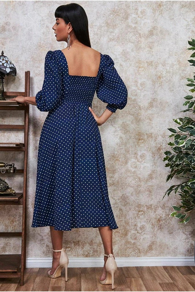 10923 navy polka dot, puffed sleeve formal midi event dress size16.