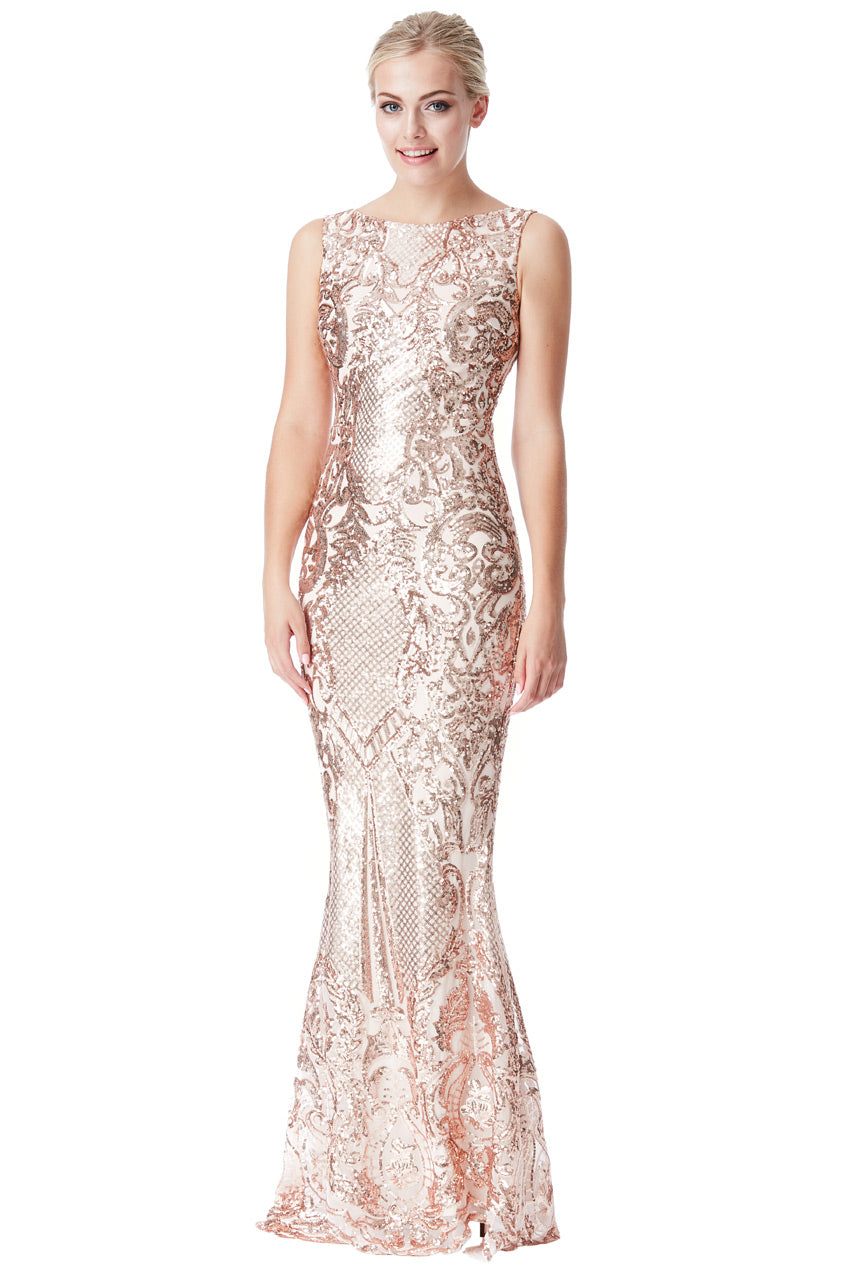 10951 Champagne brocade print sequin maxi mermaid dress