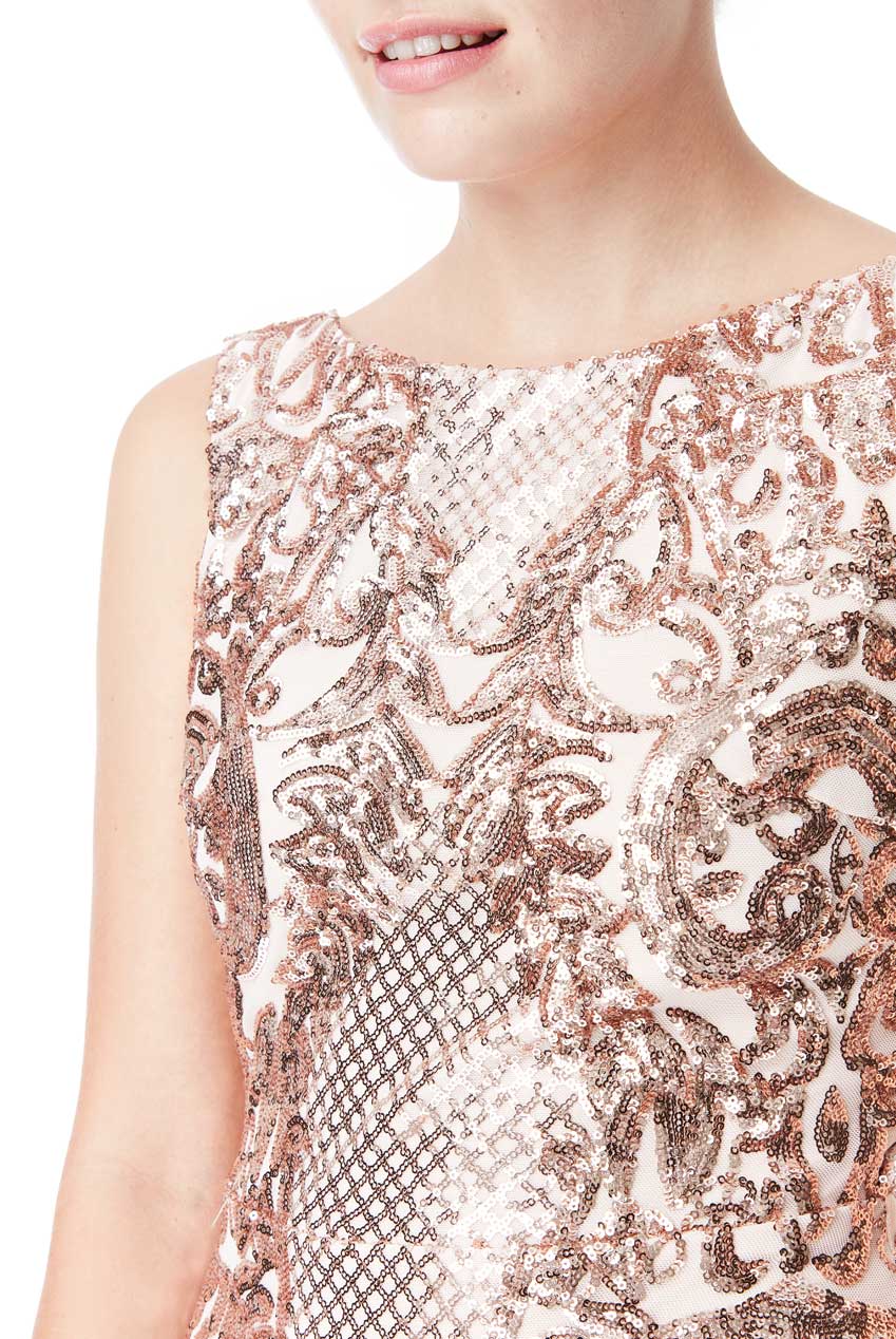 10951 Champagne brocade print sequin maxi mermaid dress