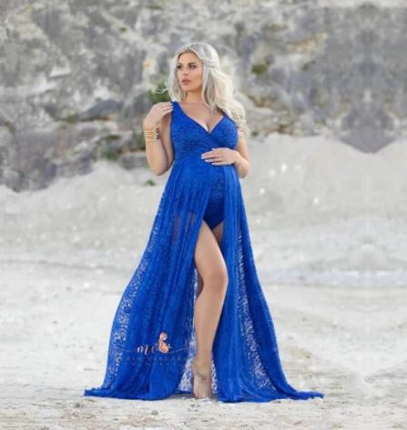 The Kim. V neck blue lace bodysuit with lace overslkirt. $99.00.