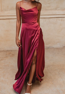 11050B Burgundy. A-line satin maxi dress. Size 12