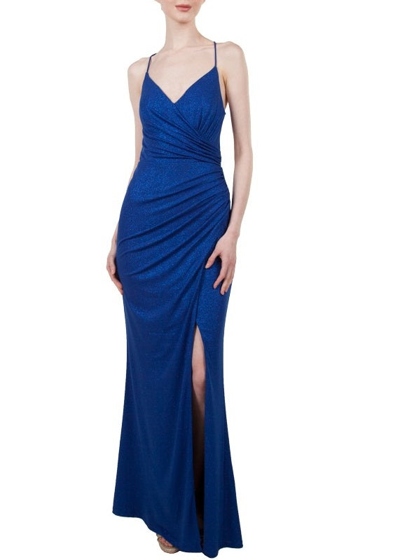 11080 Soft royal sparkle low open back. V neck. Split