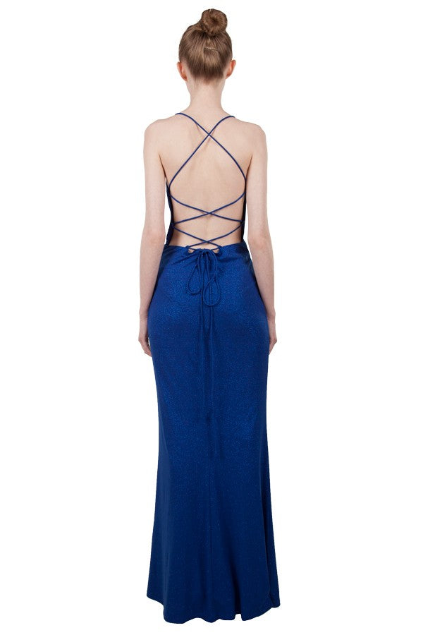 11080 Soft royal sparkle low open back. V neck. Split