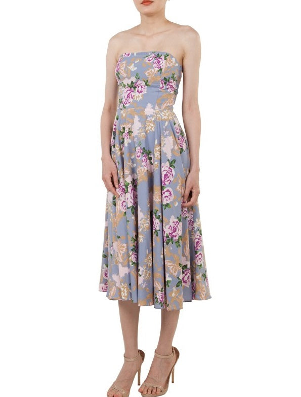 11081 blue floral. Strapless Aline midi. size 10.