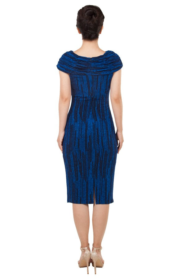 11083 Elegant royal blue off shoulder fit and flare midi. size 20