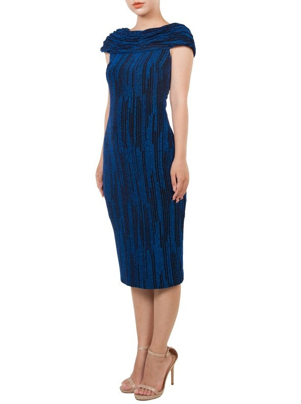 11083 Elegant royal blue off shoulder fit and flare midi. size 20