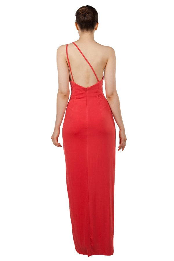 11085 Coral one shoulder. Open back. Side split. Soft, fitted. size 6.