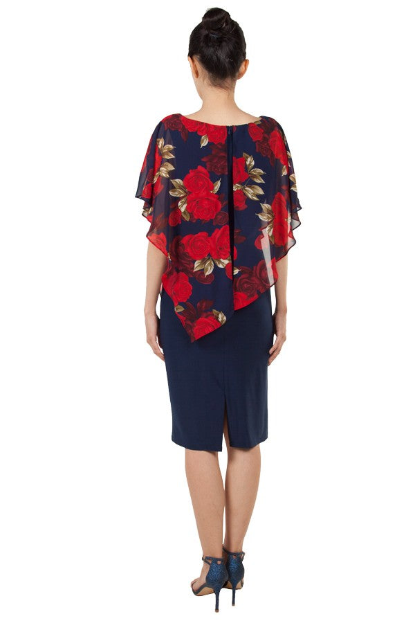 11086 Elegant navy and red midi with chiffon overtop.
