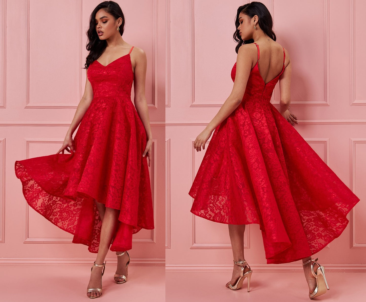 10780 red sweetheart lace high low with full vintage skirt. Size 8