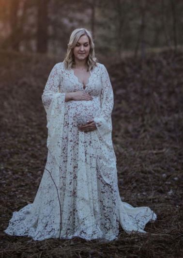 The Ashleigh. Bohemian lace V neck long trumpet sleeves. Hire. $99.00