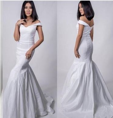 70095 Stretch tafetta off shoulder wedding dress