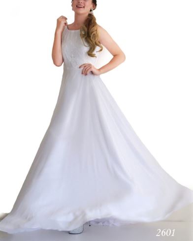70096 Floaty white chiffon. Embroidered, scoop neckline