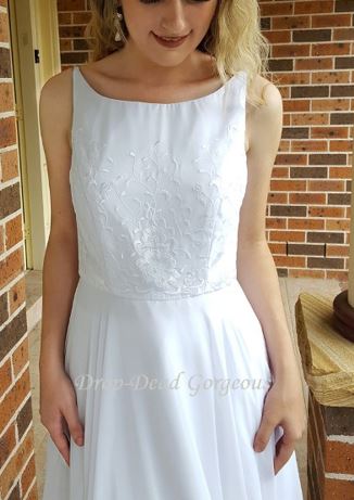 70096 Floaty white chiffon. Embroidered, scoop neckline