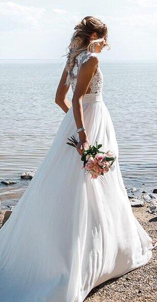 70720 Bohemian, chiffon, beach style wedding gown