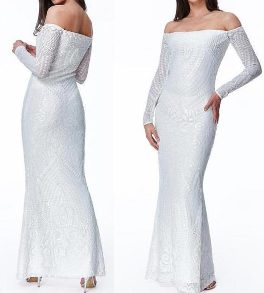 70730 Size 14 modern wedding dress with long sleeves.