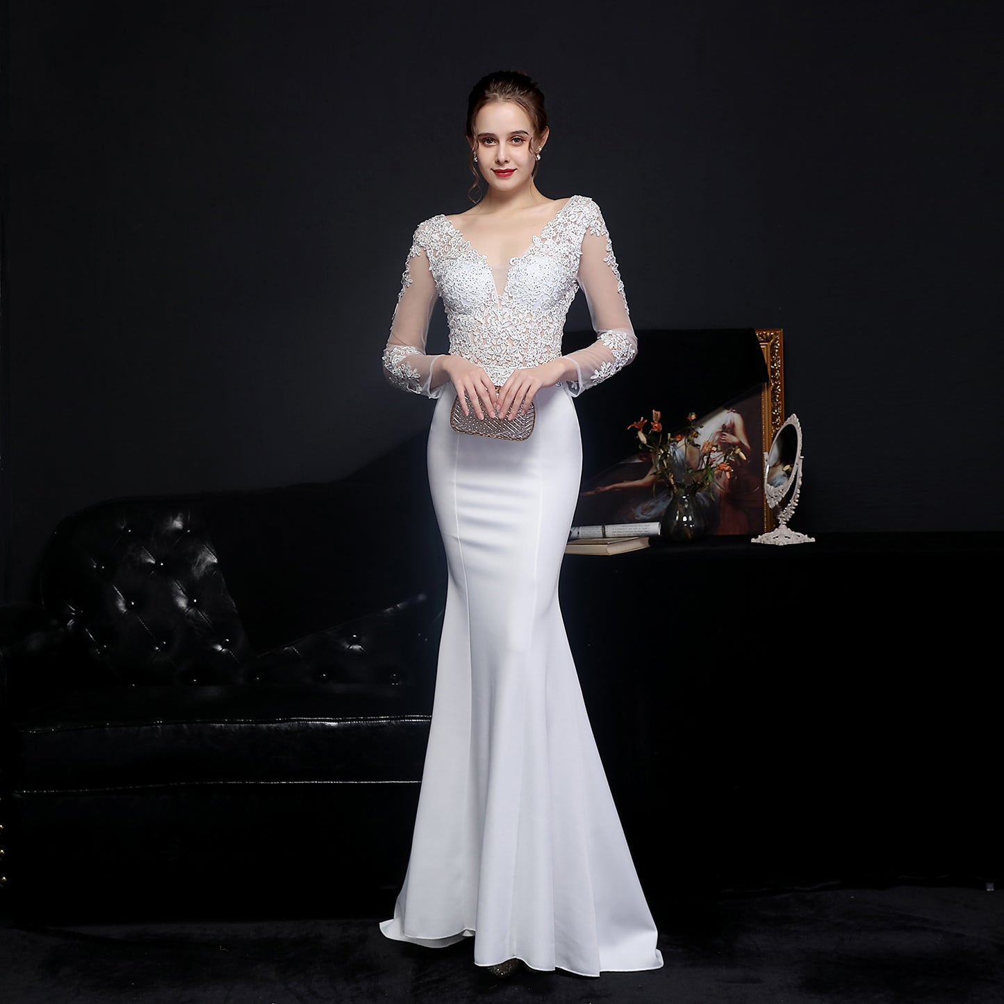 71251. Soft crepe, wedding gown. Long sleeves. Beaded top.