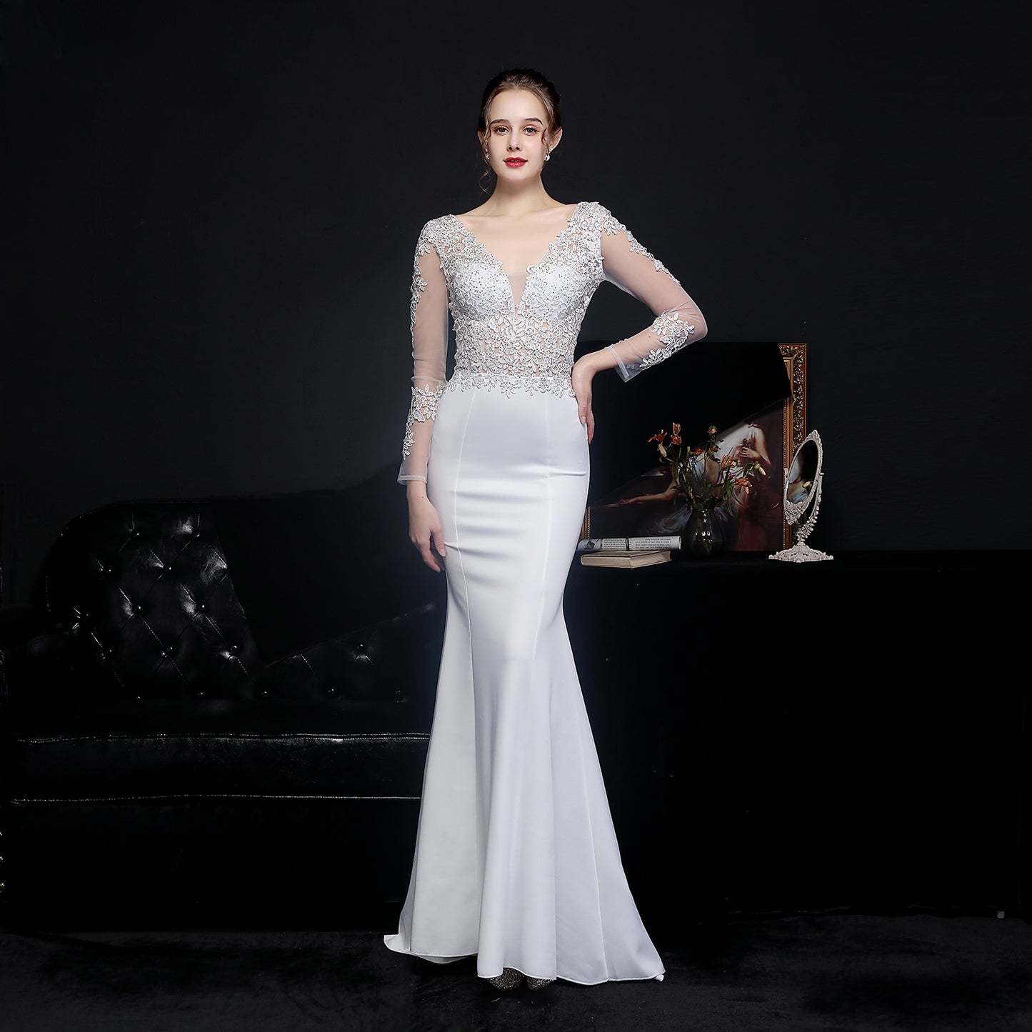 71251. Soft crepe, wedding gown. Long sleeves. Beaded top.