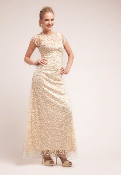 71310 - round neck small capped sleeve textured lace fit and flare.