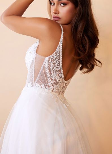 71328 Layered tulle A line with Spaghetti straps. Detailed bodice.