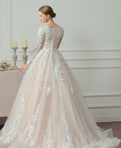 71336 Modest. Romantic lace. Long sheer sleeves. Delicate beading.