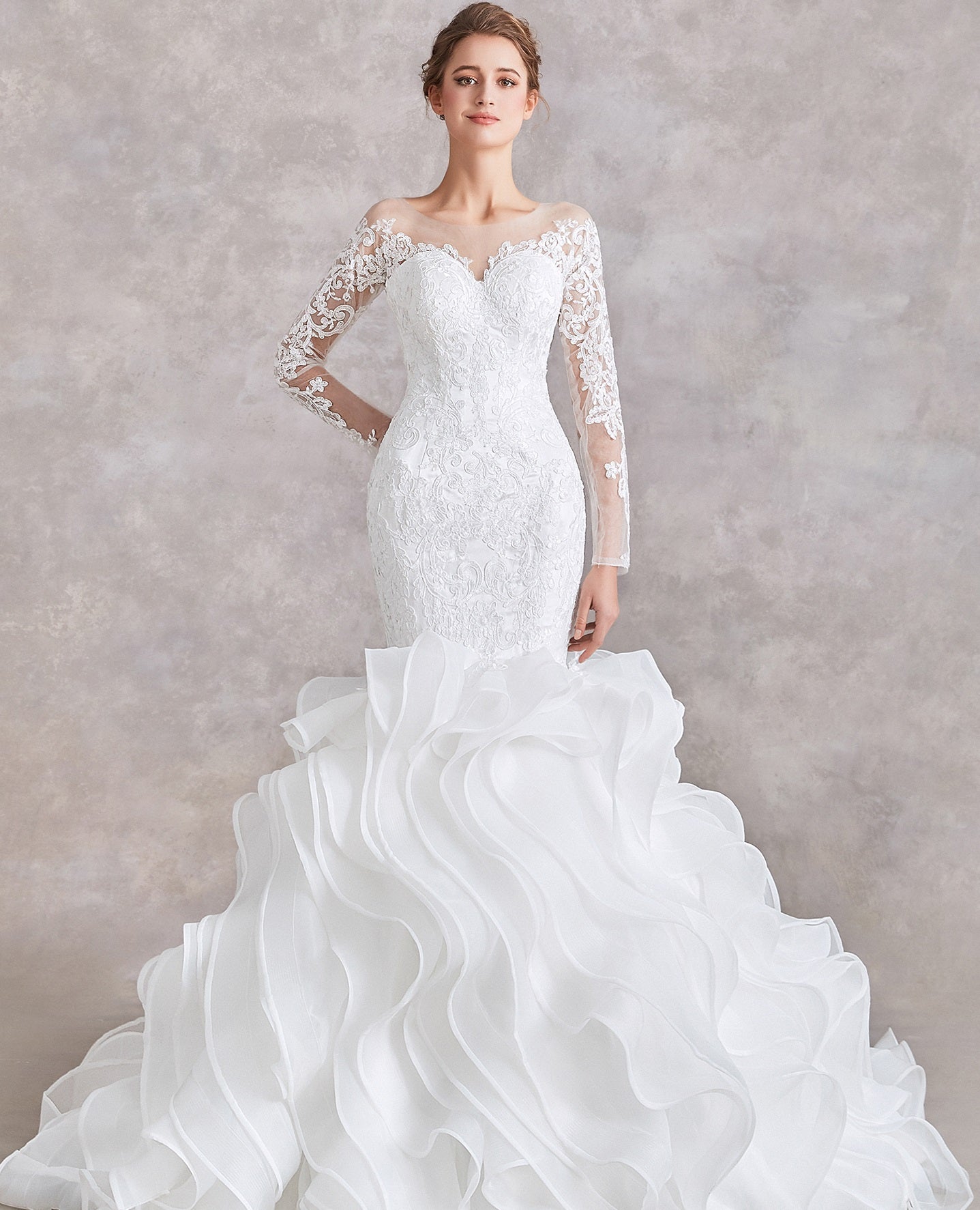 71340 Mermaid wedding dress with long sleeves, lace top and ruffles skirt. Size 6