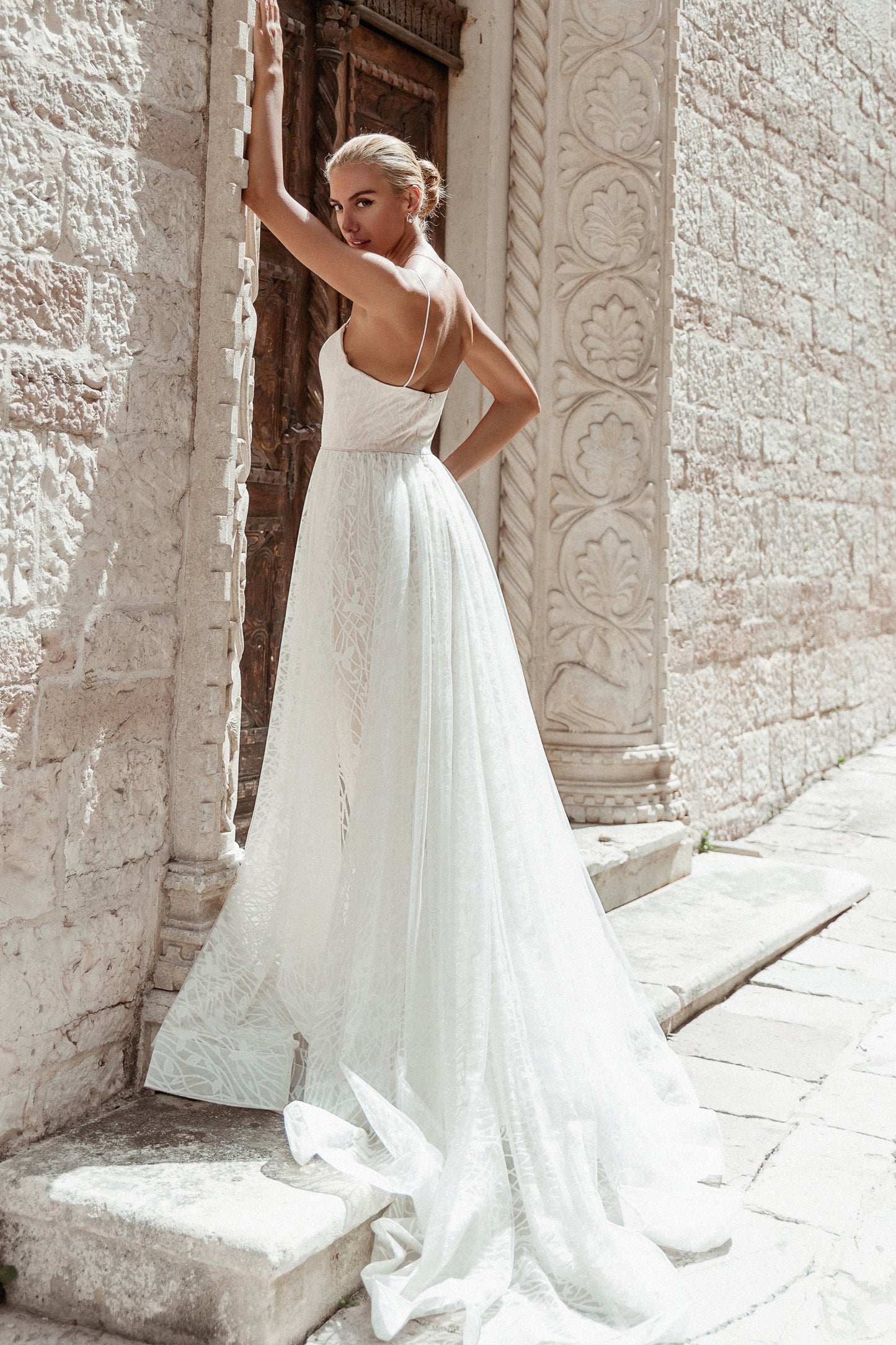 71430 Beautiful beaded fit and flare. Attached overskirt