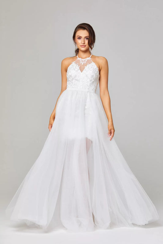71456 Halter, open back, mini dress and overskirt.