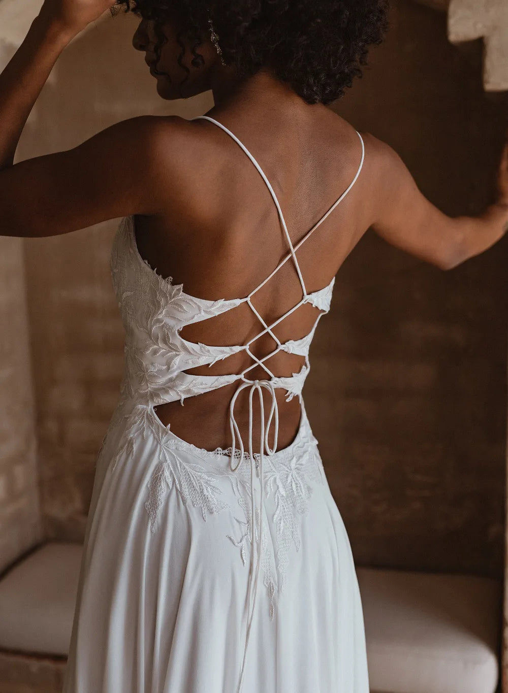 71480 Open back. Lace bodice. A-line chiffon skirt.