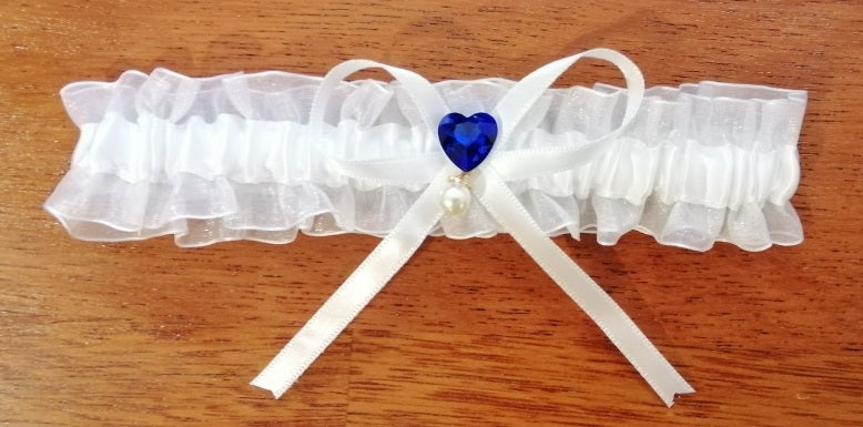 BBG11 White organza bridal garter with blue heart and pearl detail.