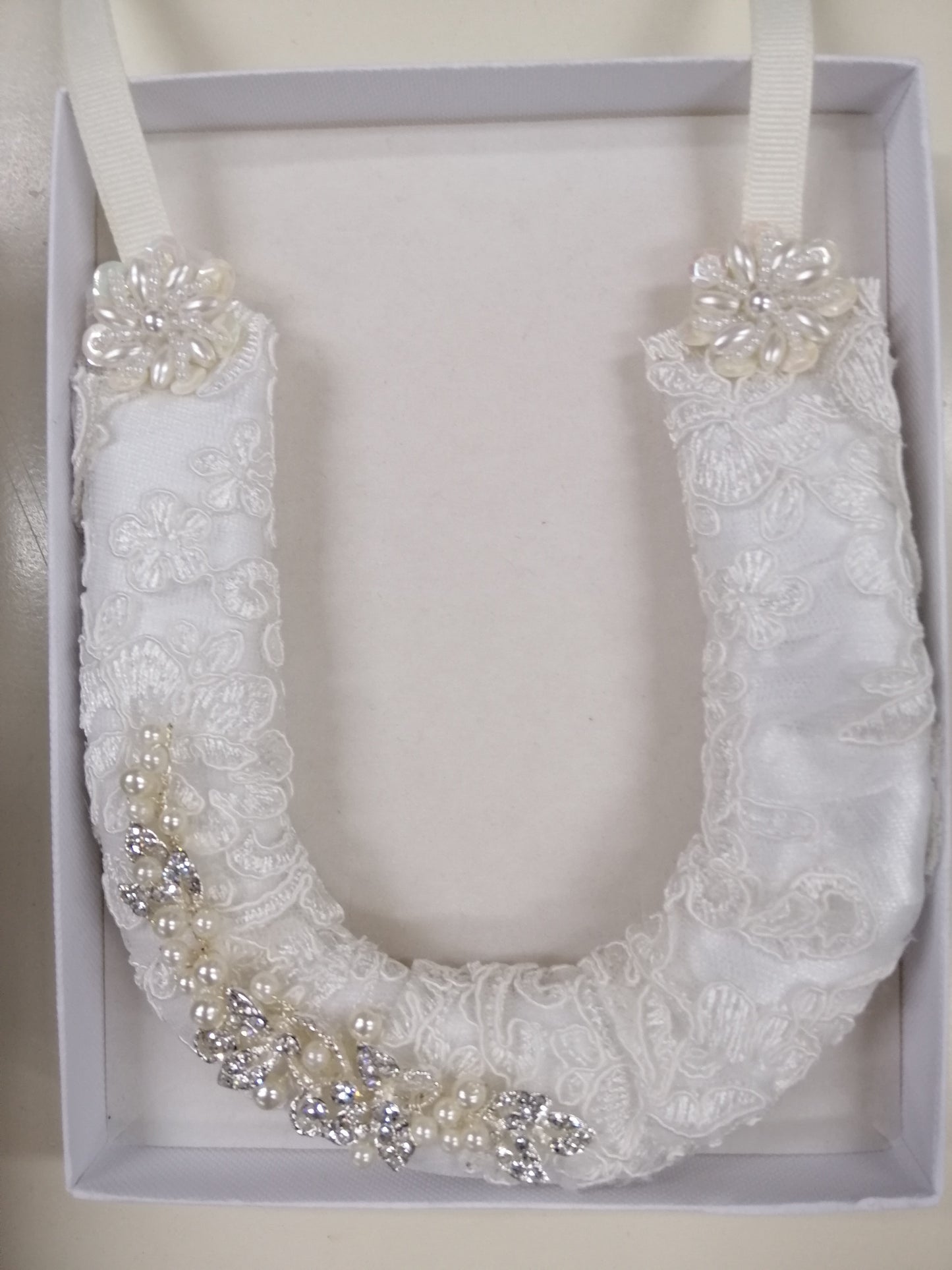 BBHS32 White satin horseshoe with pearls, diamantes and lace embellishments. Hand crafted in NZ