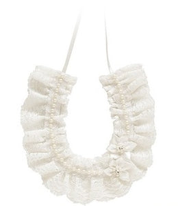BBHS40 Ivory lace bridal horseshoe with pearls and satin flowers