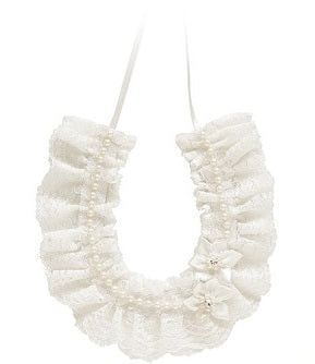 BBHS40 Ivory lace bridal horseshoe with pearls and satin flowers