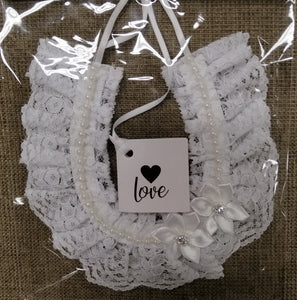 BBHS40W  White lace bridal horseshoe with pearls and satin flowers