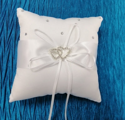BBRP1  White Satin with diamante hearts Wedding Ring Pillow/ carrier