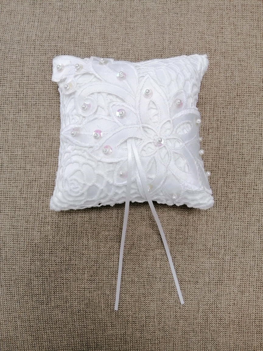 BBRP2 Lace and satin bridal Wedding Ring Pillow with applique detail