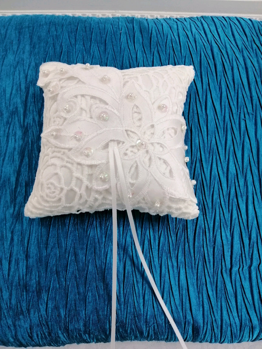 BBRP2 Lace and satin bridal Wedding Ring Pillow with applique detail
