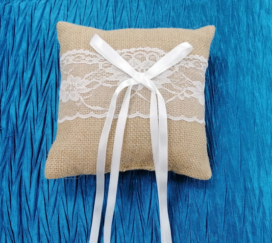 BBRP3  Burlap Hessian & Lace Rustic Wedding Ring Pillow.