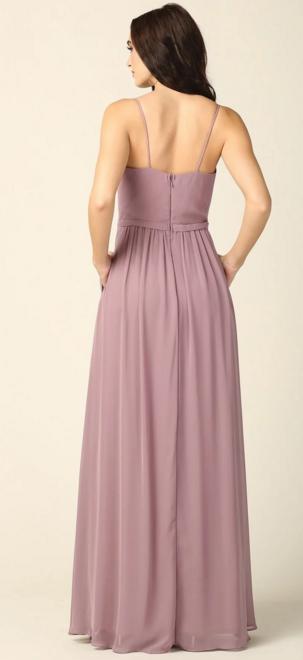 BM1005 Mauve. Maxi length gown. Spaghetti straps and split. Size 10.