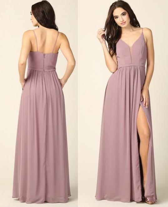 BM1005 Mauve. Maxi length gown. Spaghetti straps and split. Size 10.