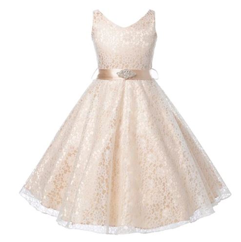 G20207C Champagne lace v neck flower girl, party Age to age