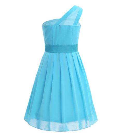 G20237B Sky blue, chiffon, one shoulder. Age 10