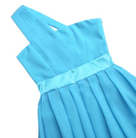 G20237B Sky blue, chiffon, one shoulder. Age 10