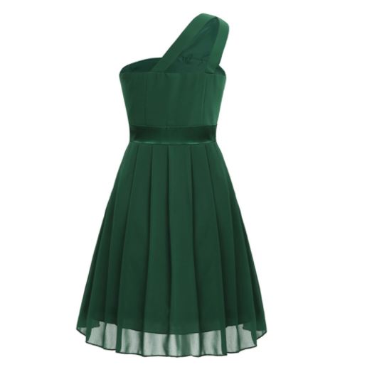 G20237G Dark green, chiffon, one shoulder. Age 6.