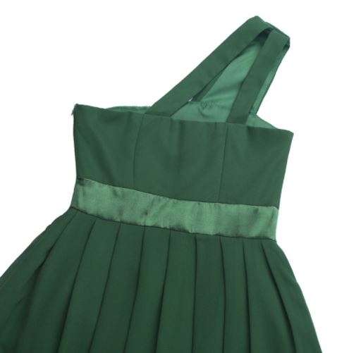 G20237G Dark green, chiffon, one shoulder. Age 6.